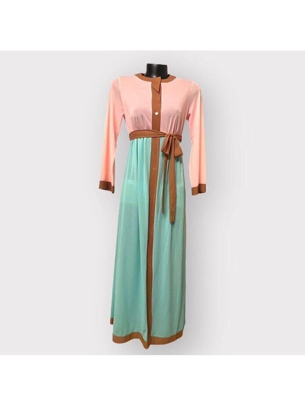VINTAGE 60s 70s Color Block Translucent Maxi Dress Womens S Muslin Cottage Pink